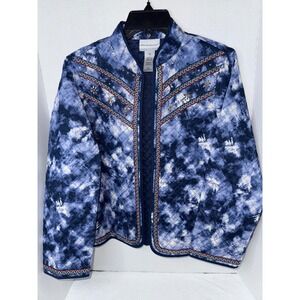 Alfred Dunner Quilted Jacket‎ Petite Small Blue White Tie Dye Embellished Jewel